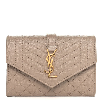 Saint Laurent Grain De Poudre Textured Mixed Matelasse Triquilt Small Monogram Envelope Wallet Dark Beige 1 of 7