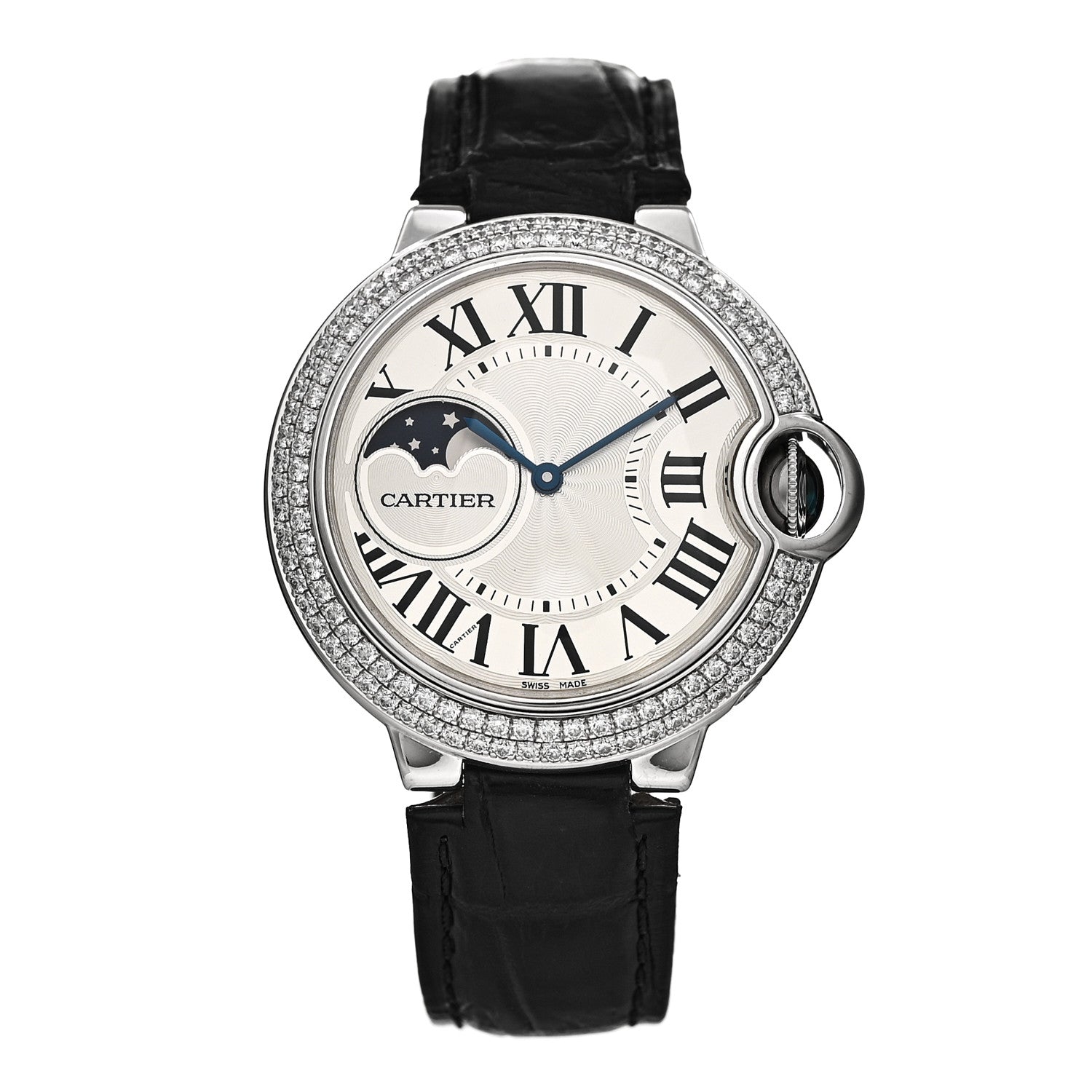 Cartier 18K White Gold Diamond Pave Bezel 37mm Ballon Bleu De Cartier Moonphase Automatic Watch 1 of 4