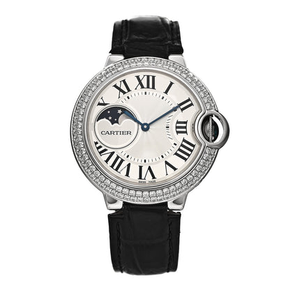 Cartier 18K White Gold Diamond Pave Bezel 37mm Ballon Bleu De Cartier Moonphase Automatic Watch 1 of 4