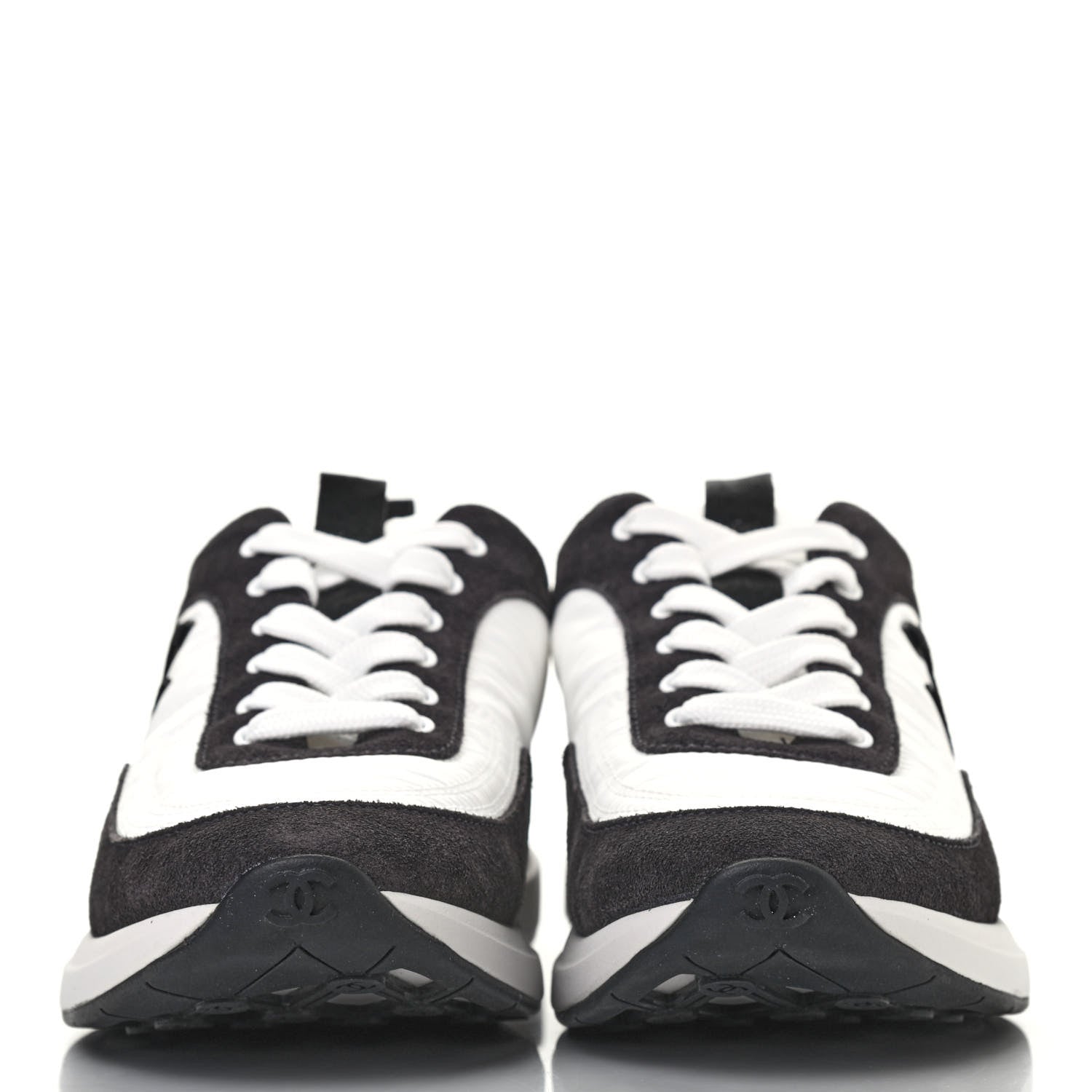 Chanel Nylon Calfskin Suede Womens CC Sneakers 37.5 White Black 2 of 4