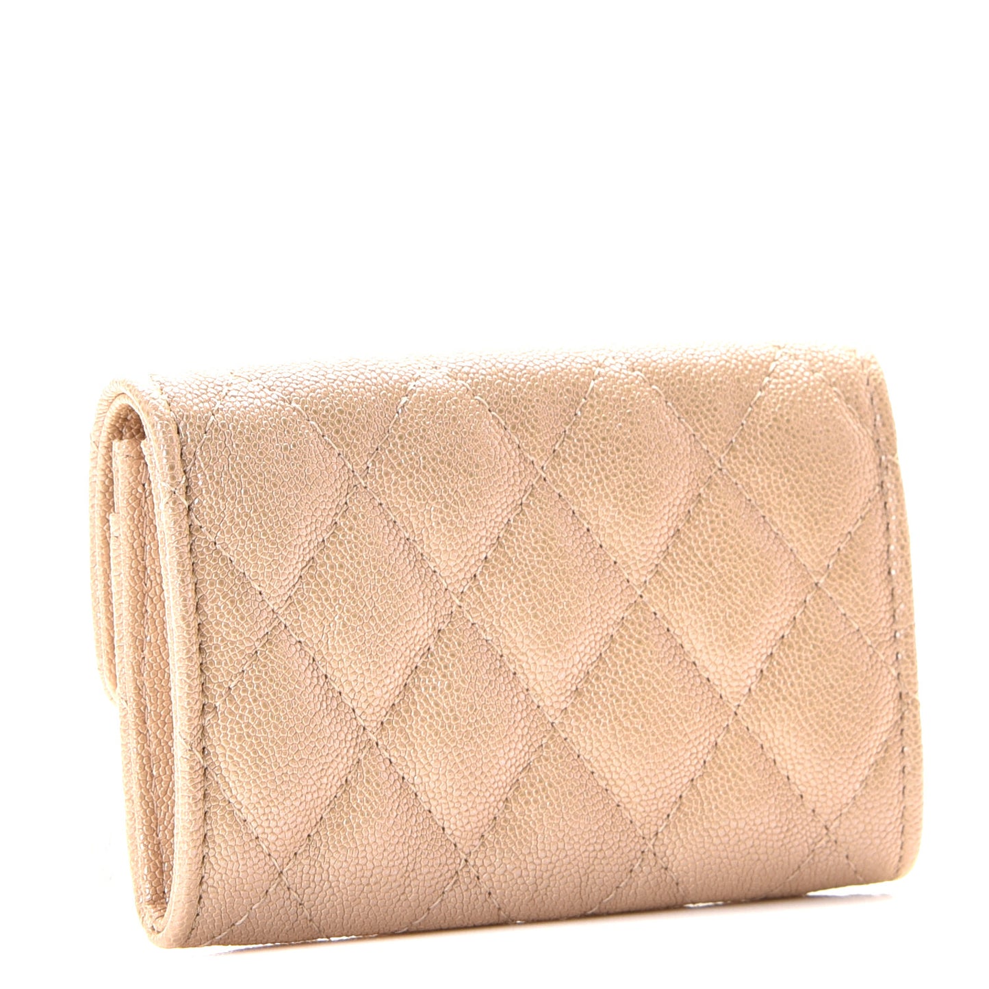Iridescent Caviar Quilted Flap Card Holder Beige