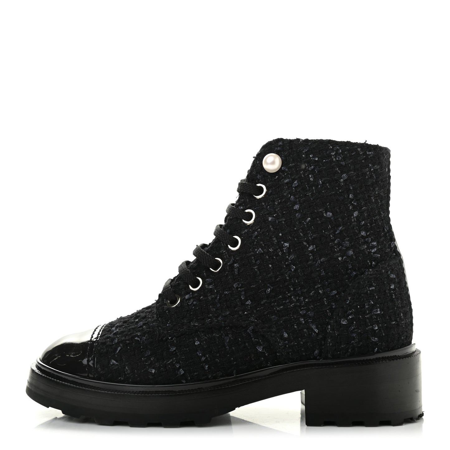 Tweed Patent Calfskin Pearl Combat Short Boots 36.5 Black Grey
