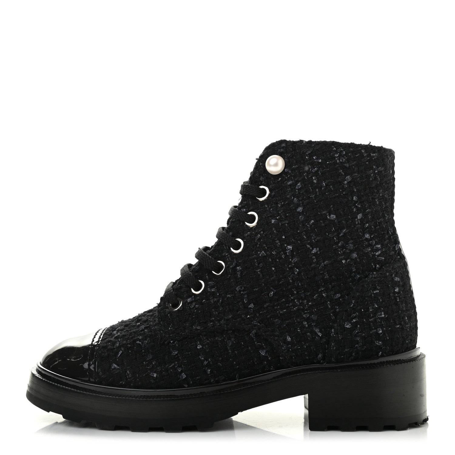 Chanel Tweed Patent Calfskin Pearl Combat Short Boots 36.5 Black Grey 1 of 10