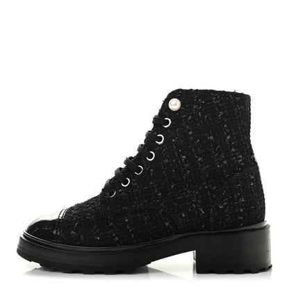 Chanel Tweed Patent Calfskin Pearl Combat Short Boots 36.5 Black Grey 1 of 10