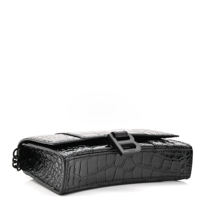 Balenciaga Shiny Calfskin Monochrome Crocodile Embossed Hourglass Chain Bag Black 7 of 17