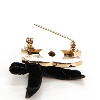 Chanel Enamel Velvet Ribbon CC Brooch Black Gold 3 of 4