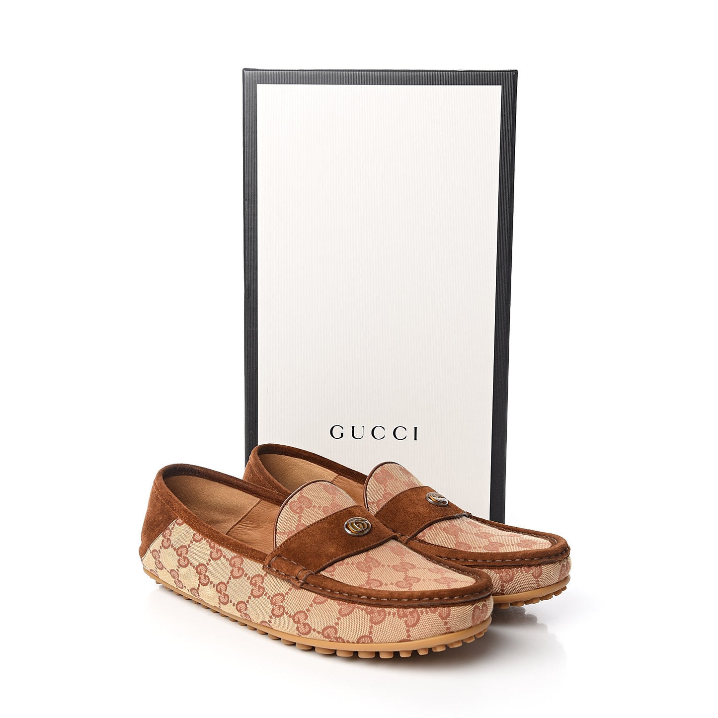 GG Monogram Suede Mens Driver Loafers 9.5 Beige Ruggine Cuir