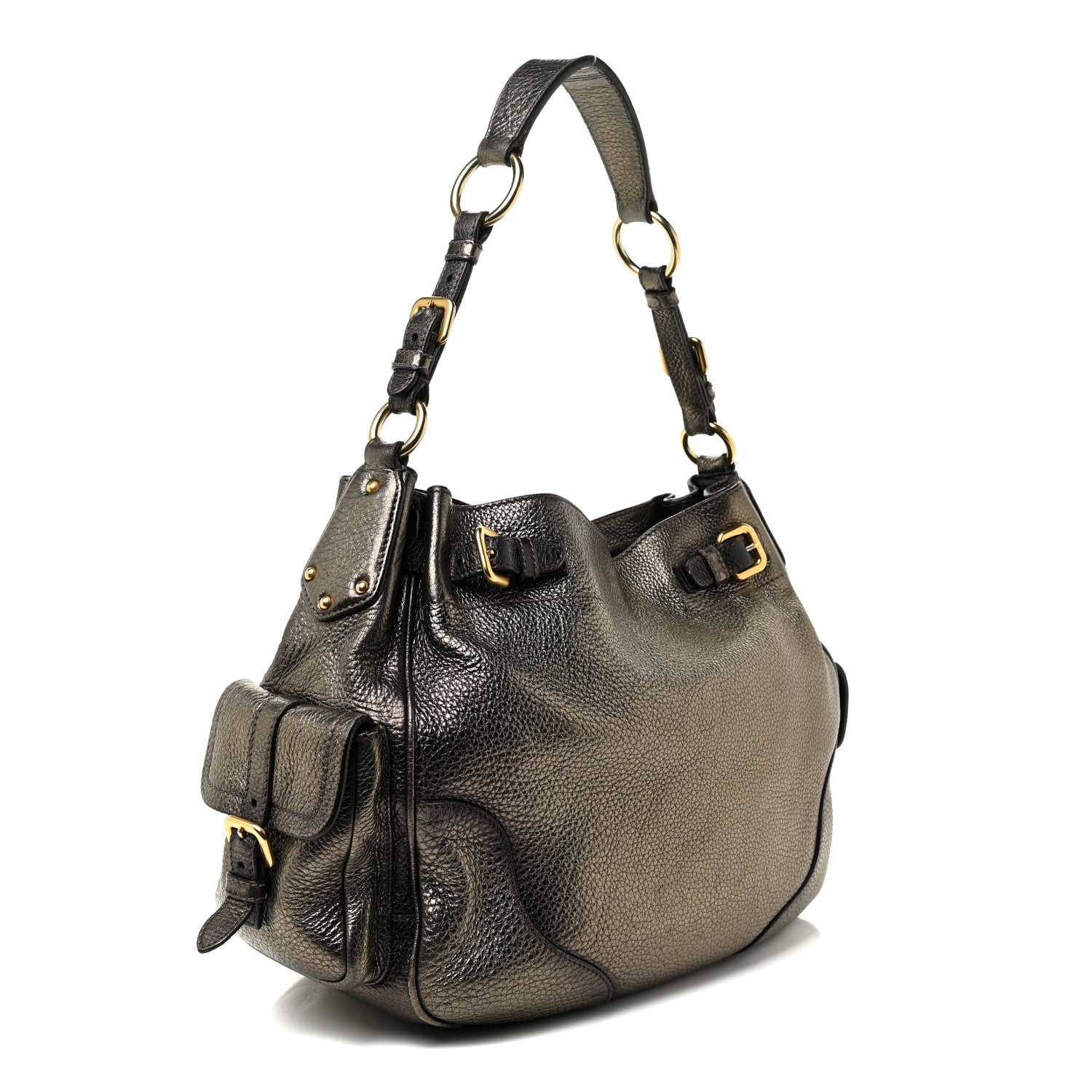 Prada Metallic Vitello Daino Side Pocket Tote Bag Acciaio 3 of 22