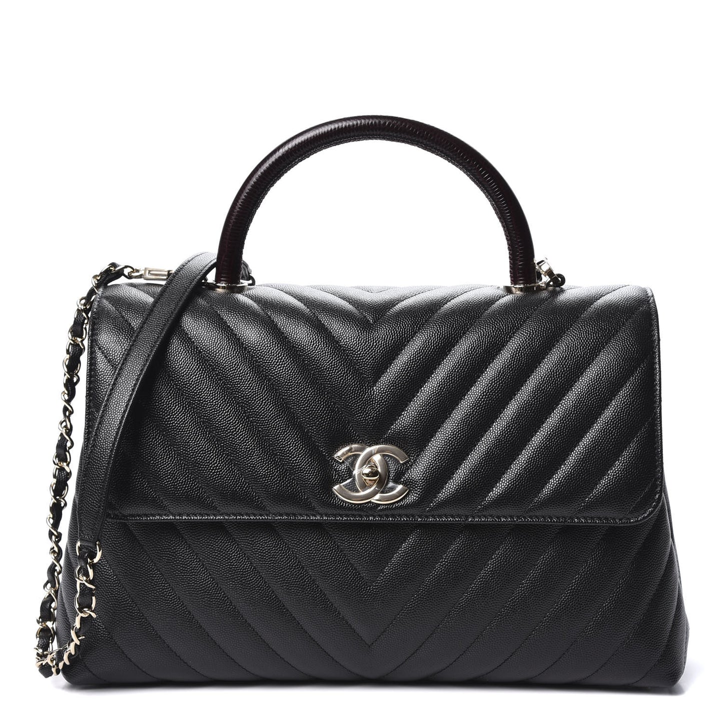 Caviar Lizard Embossed Chevron Quilted Medium Coco Handle Flap Black
