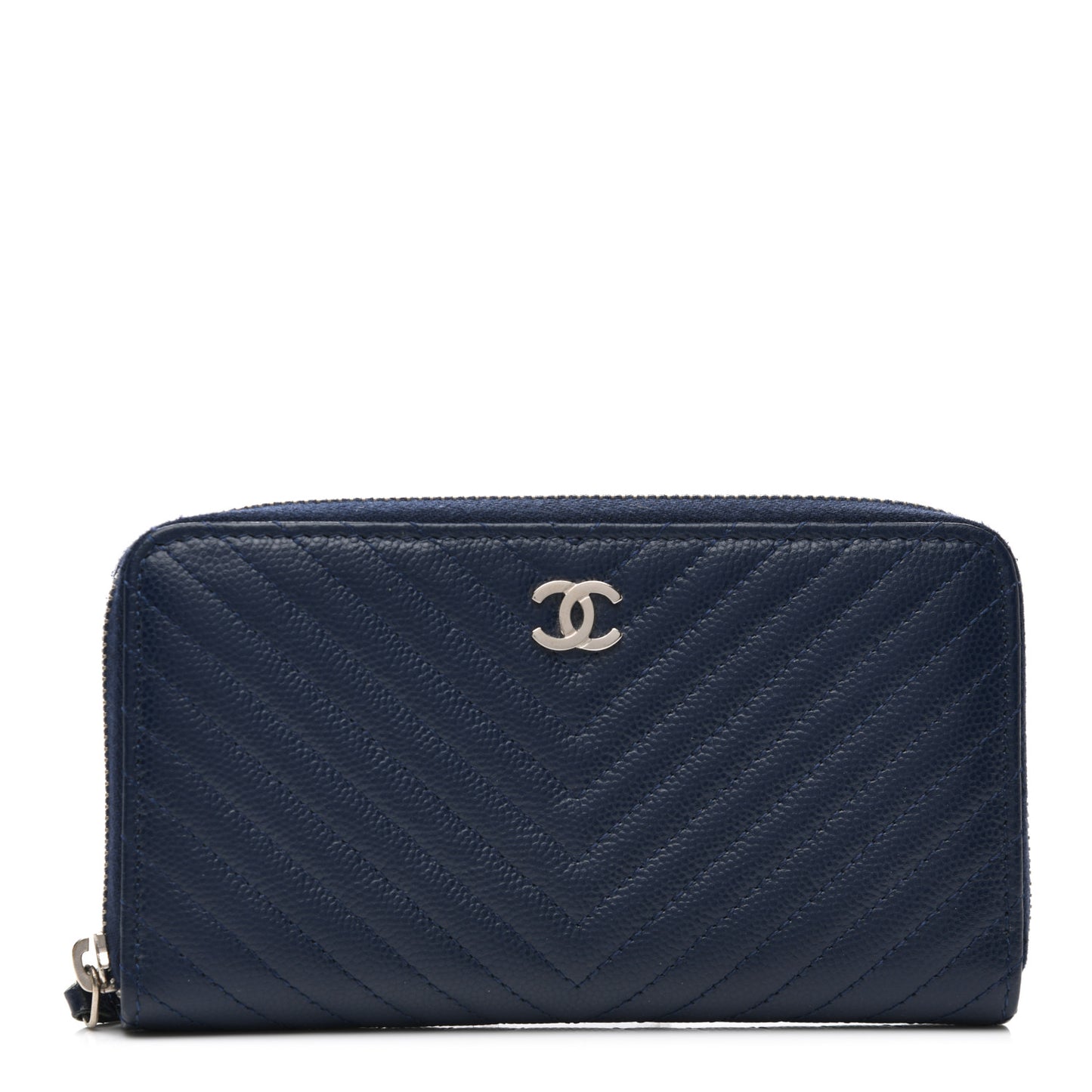 Caviar Chevron Quilted Large Gusset Zip Around Wallet Navy
