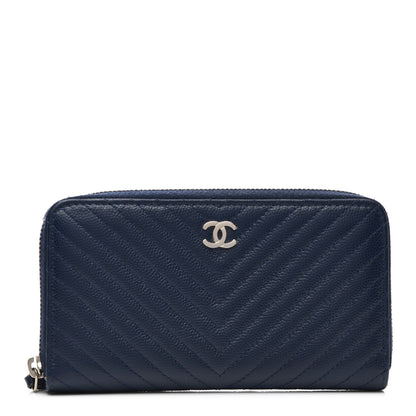 Chanel Caviar Chevron Quilted Large Gusset Zip Around Wallet Navy 1 of 7
