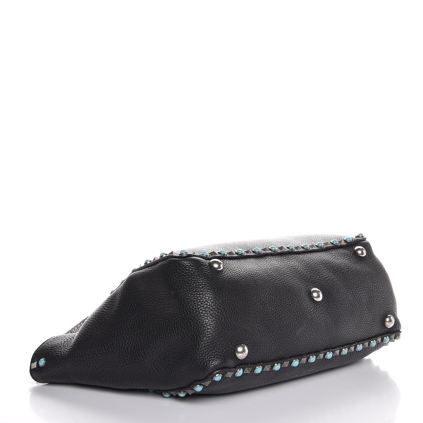 Grained Calfskin Turquoise Medium Rockstud Rolling Tote Black