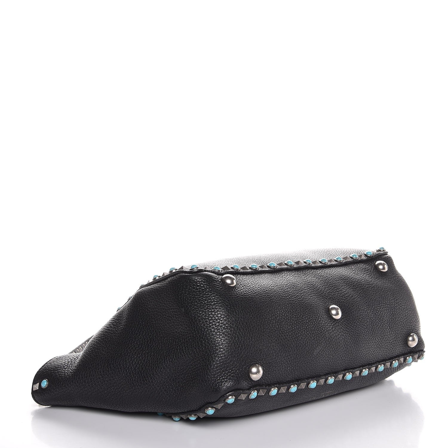 Valentino Garavani Grained Calfskin Turquoise Medium Rockstud Rolling Tote Black 4 of 13
