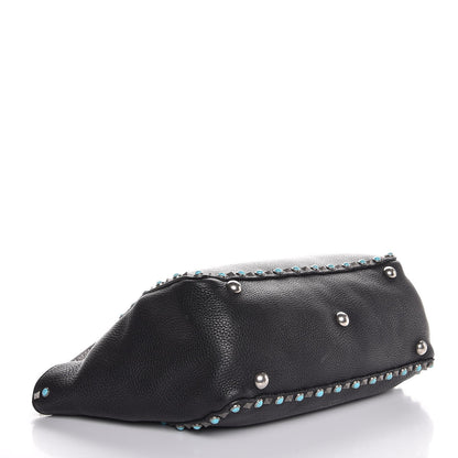 Valentino Garavani Grained Calfskin Turquoise Medium Rockstud Rolling Tote Black 4 of 13