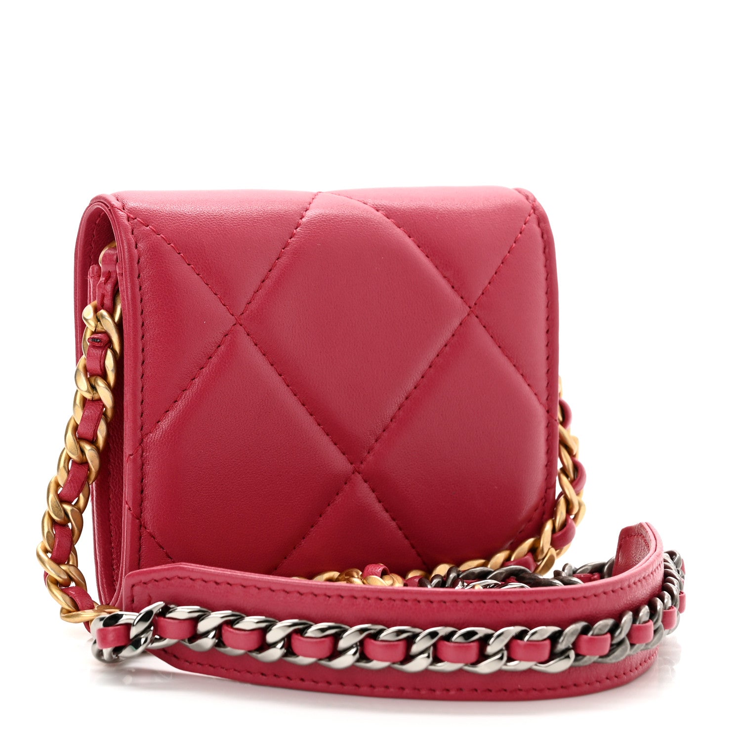 Chanel Lambskin Quilted Chanel 19 Flap Coin Purse With Chain Dark Pink 3 of 12