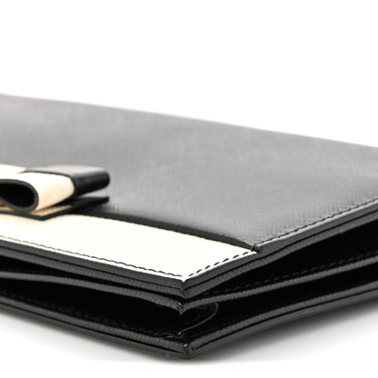 Salvatore Ferragamo Hammered Calfskin Vara Bow Chain Wallet Black White 9 of 11