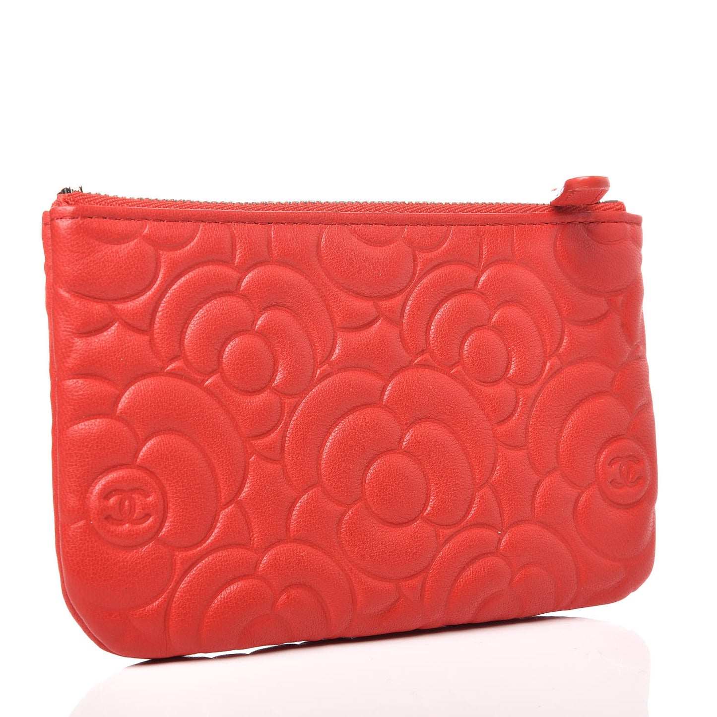 Goatskin Camellia Embossed Cosmetic Pouch Red