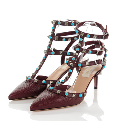Valentino Garavani Pebbled Calfskin Turquoise Rockstud Rolling Ankle Strap 65mm Pumps 36 Rubin 3 of 8