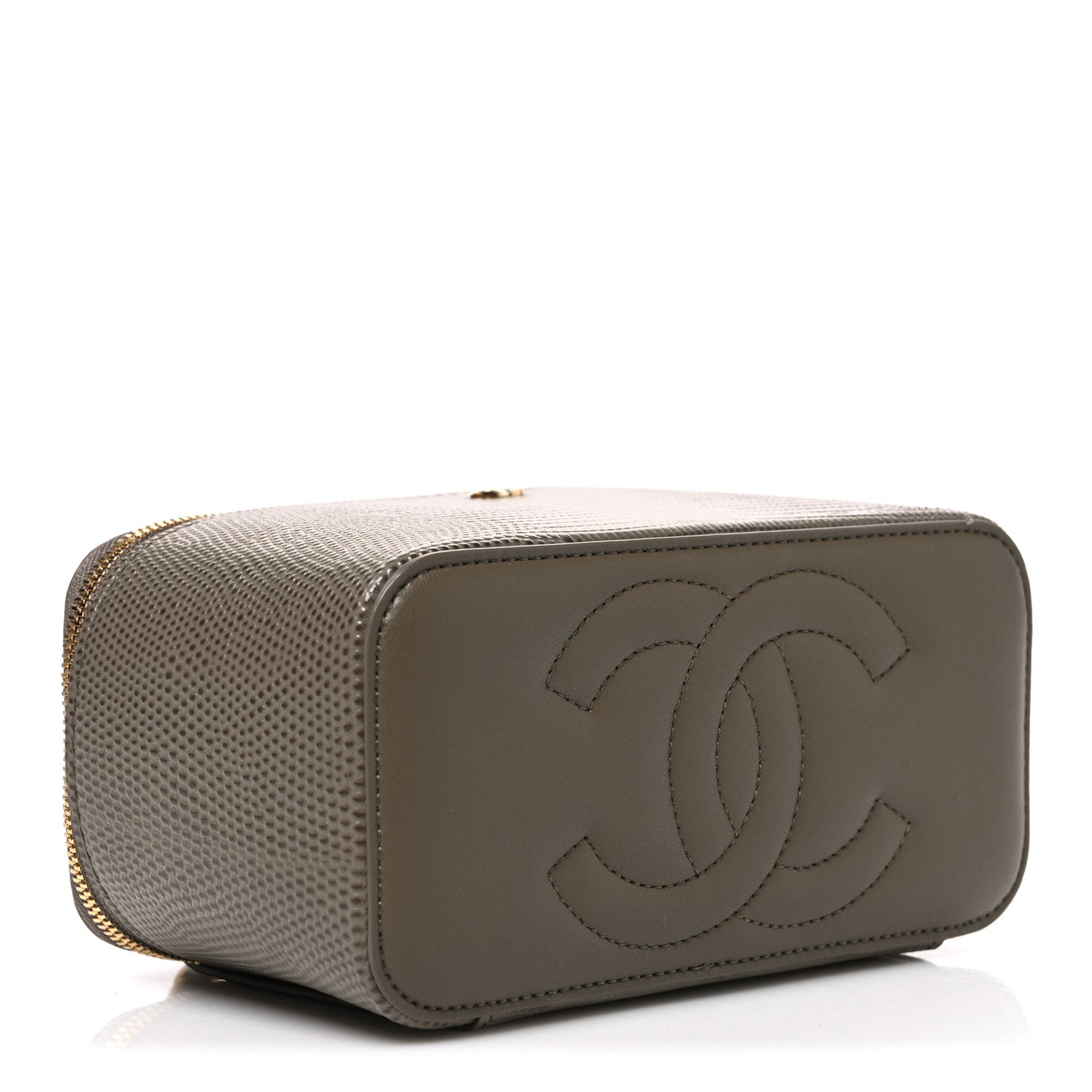Calfskin Lizard Embossed Top Handle Vanity With Chain Dark Khaki