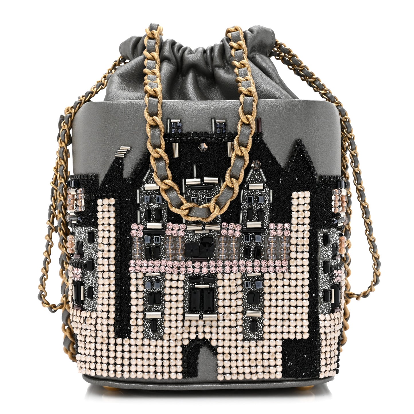 Metallic Lambskin Crystal Metiers D'Art Chateau de Chenonceau Bucket Bag Grey