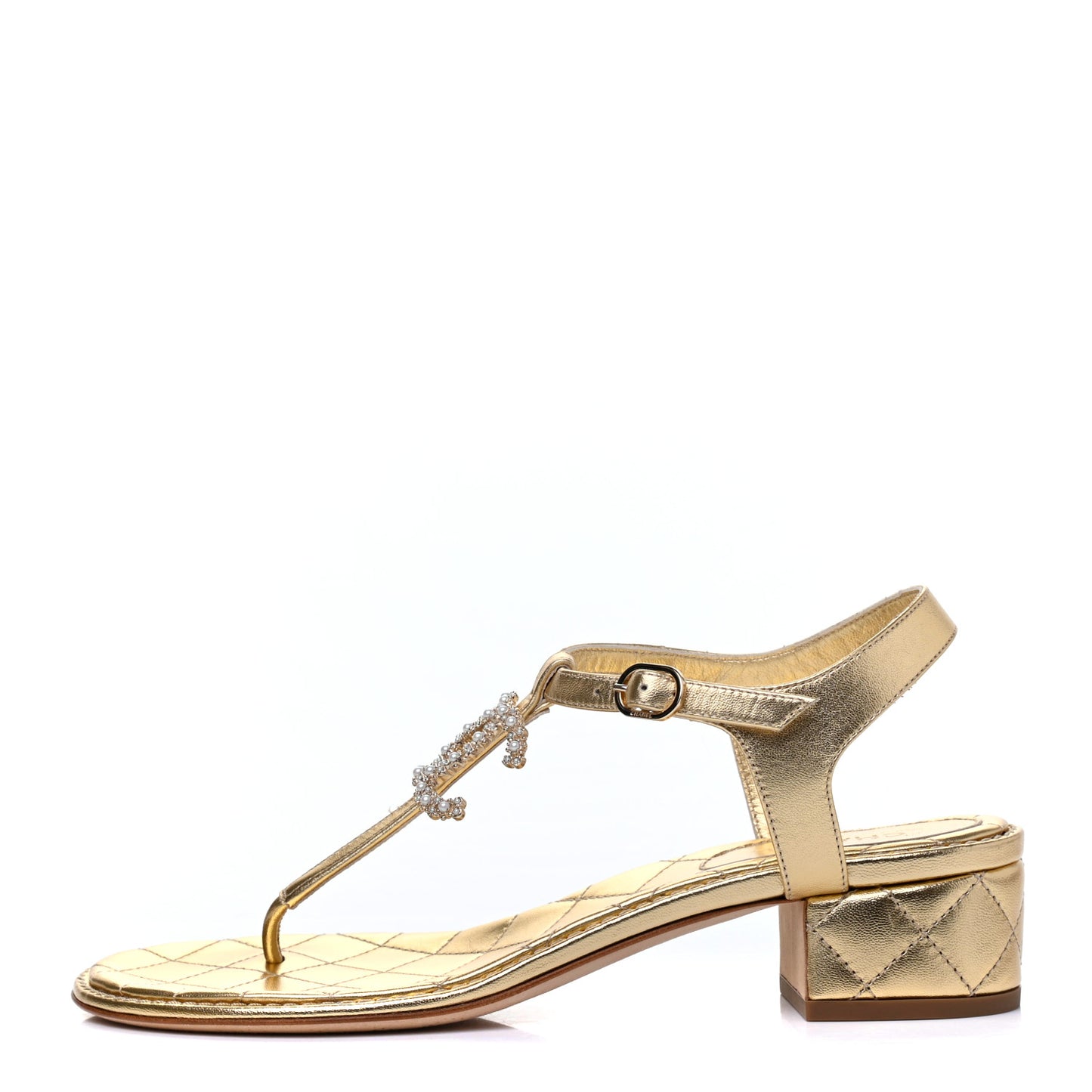 Laminated Lambskin Quilted CC Pearl Thong Sandals 39 Gold