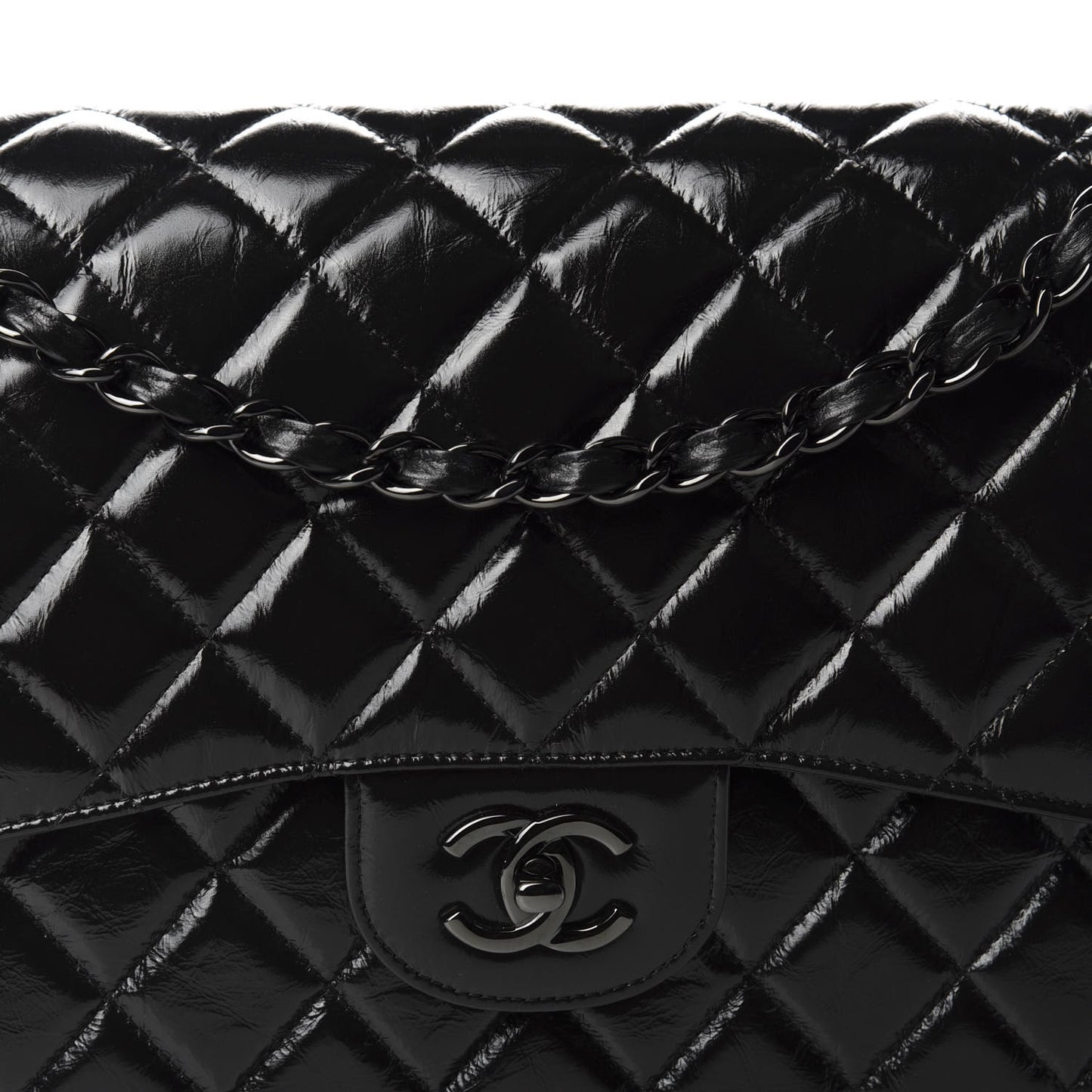 Shiny Distressed Calfskin Quilted Jumbo Double Flap So Black