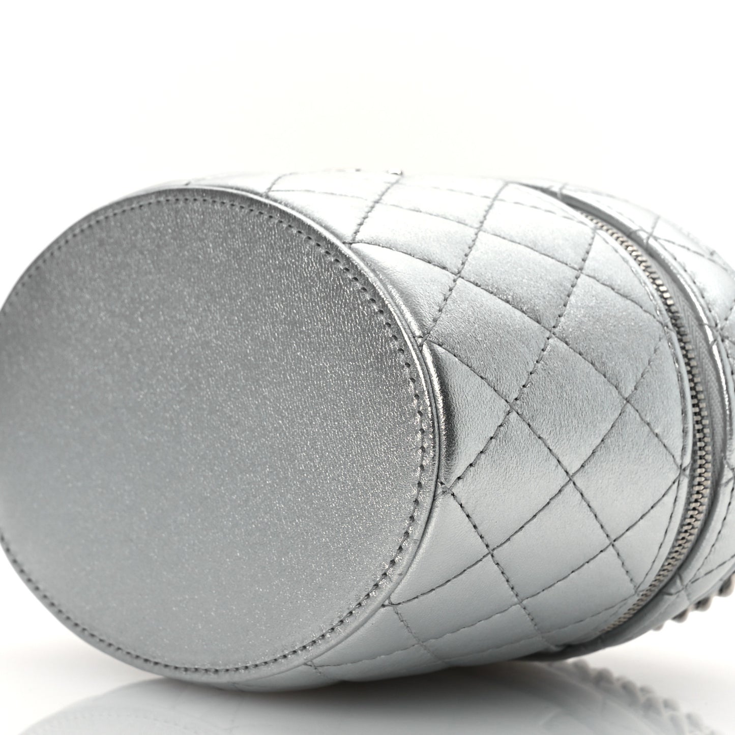 Metallic Calfskin Quilted Fancy Box Vanity Case With Chain Silver