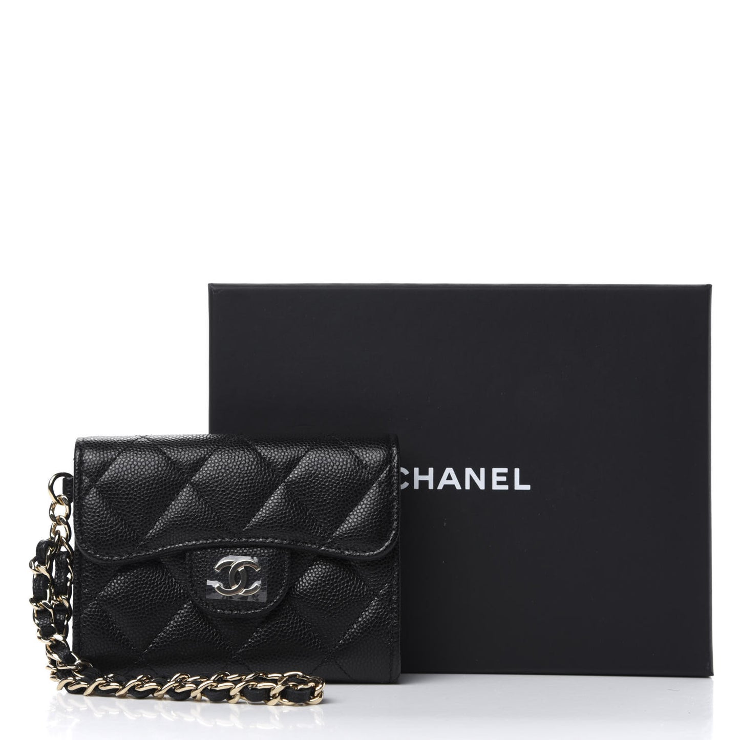 Caviar Quilted Flap Card Holder Chain Wristlet Black