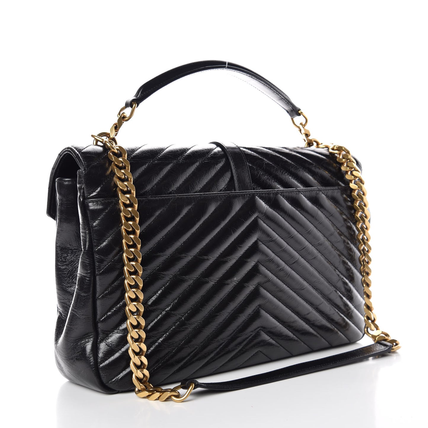 Cracked Shiny Calfskin Matelasse Chevron Monogram Large College Satchel Black