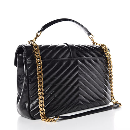 Saint Laurent Cracked Shiny Calfskin Matelasse Chevron Monogram Large College Satchel Black 3 of 12