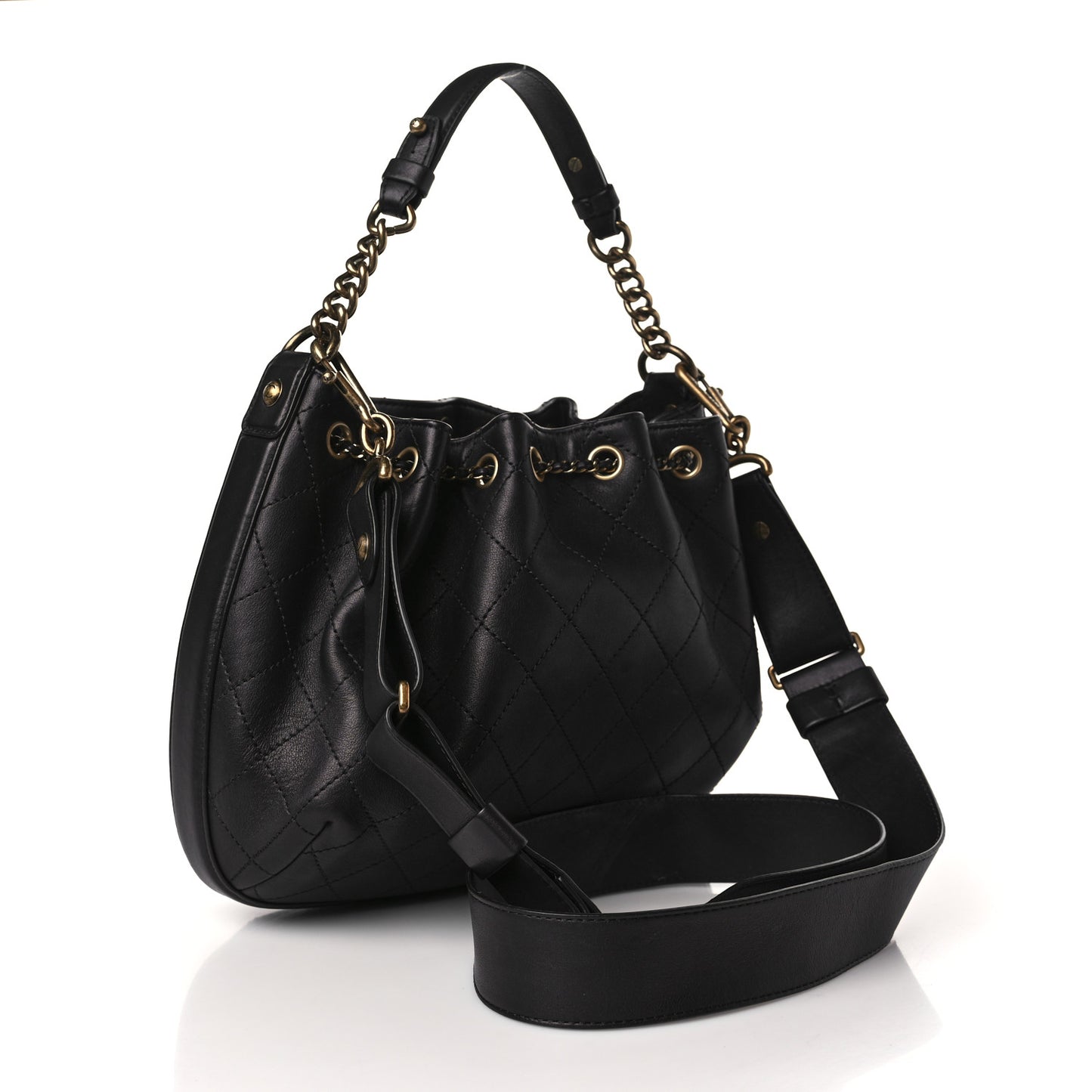 Calfskin Stitched Small Paris Rome Drawstring CC Bag Black