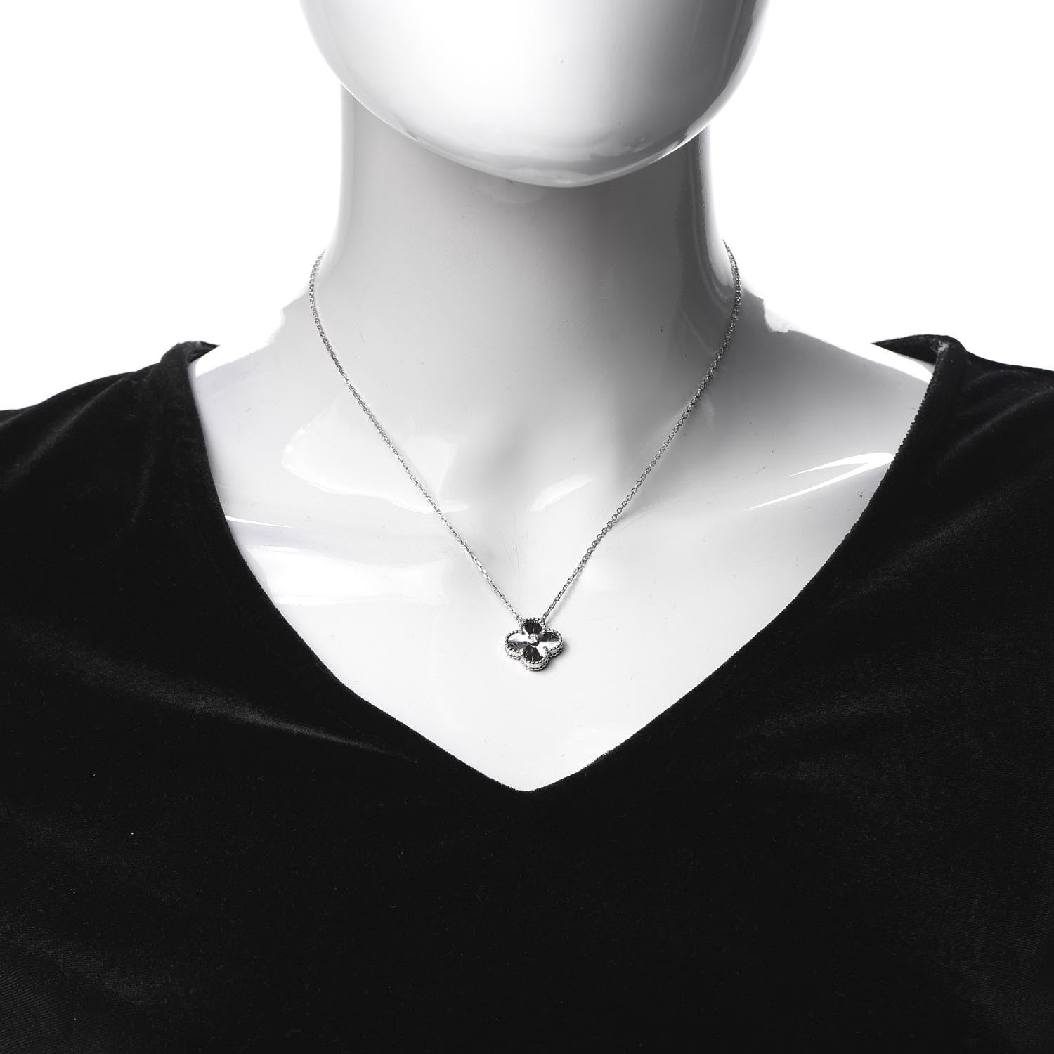 Van Cleef & Arpels 18K White Gold Diamond Guilloche Vintage Alhambra Pendant Necklace 2 of 8
