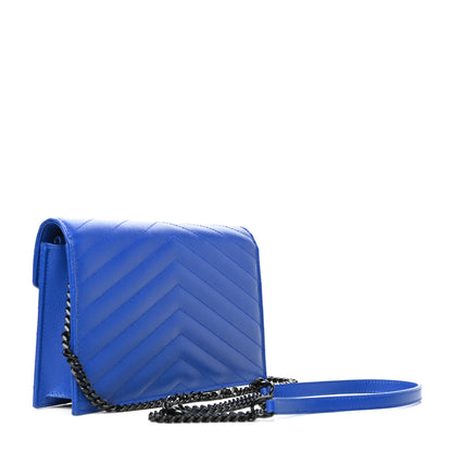 Saint Laurent Grain De Poudre Matelasse Chevron Monogram Envelope Chain Wallet Blue Majorelle 3 of 10