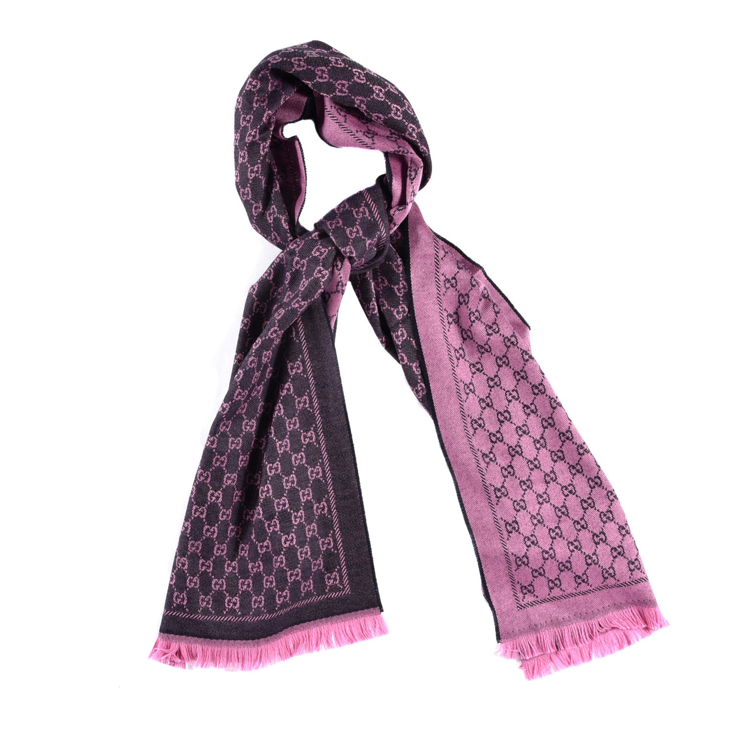 Wool GG Monogram Reversible New Sten Fringe Scarf Midnight Blue Pink