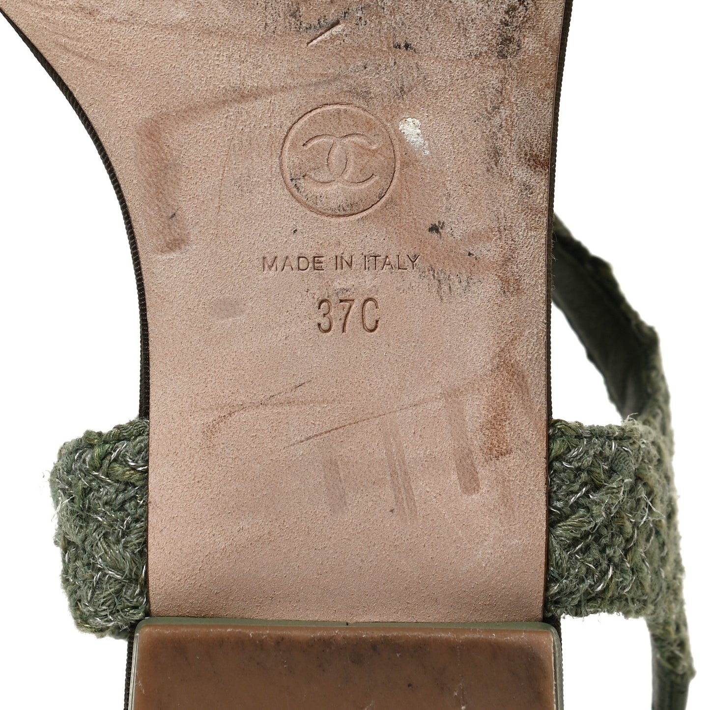 Tweed CC Charm Thong Sandals 37 Dark Green