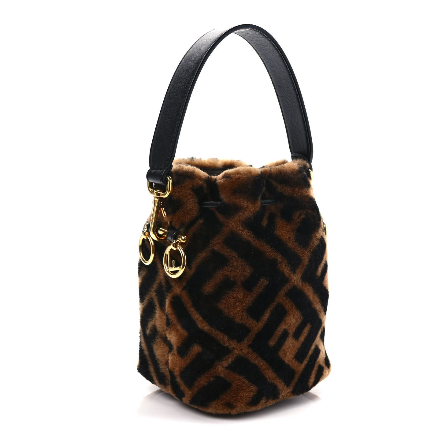 Shearling Vitello Dolce F is Fendi Macro FF 1974 Mini Mon Tresor Bucket Bag Tobacco Black