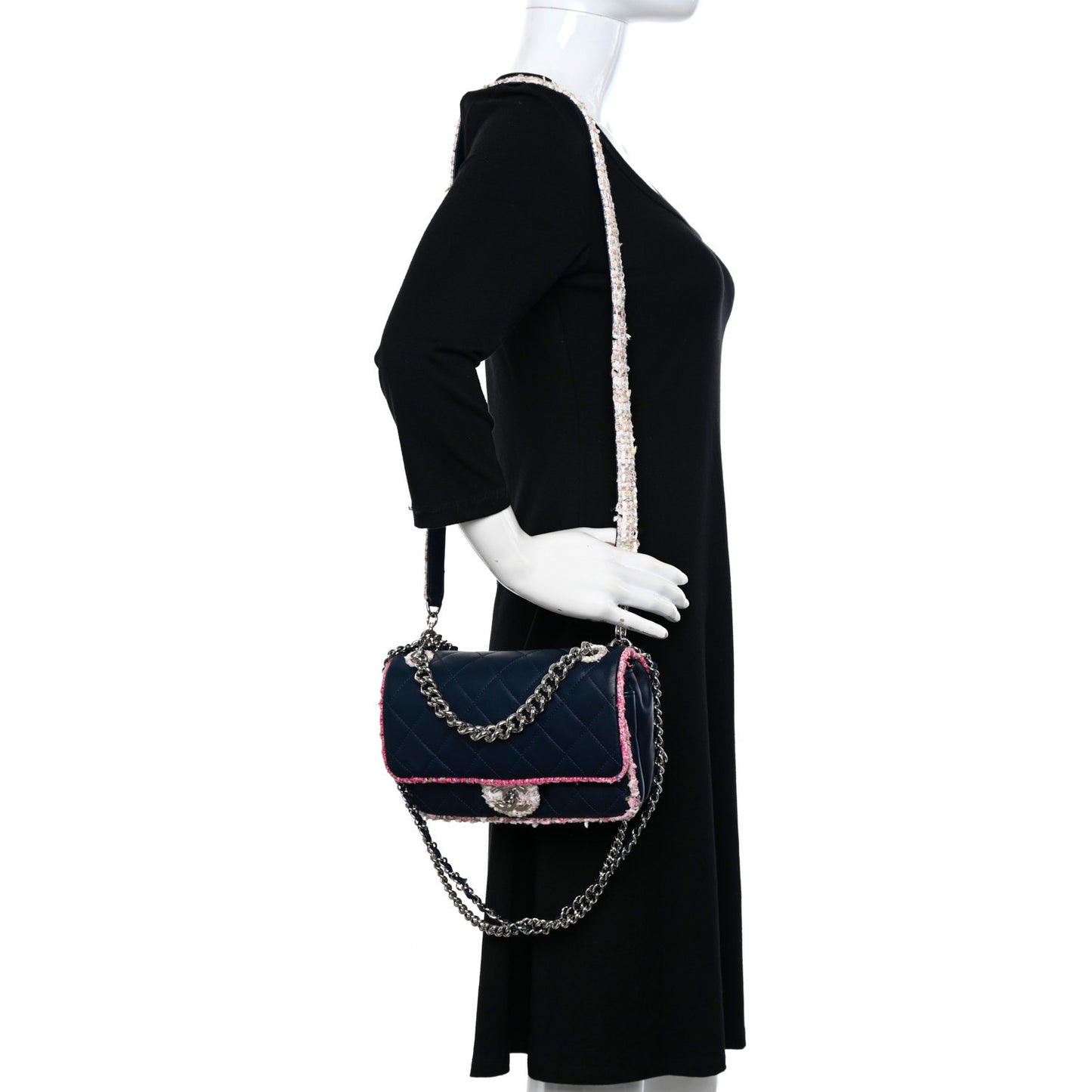 Lambskin Tweed Quilted Elegant Trim Flap Navy