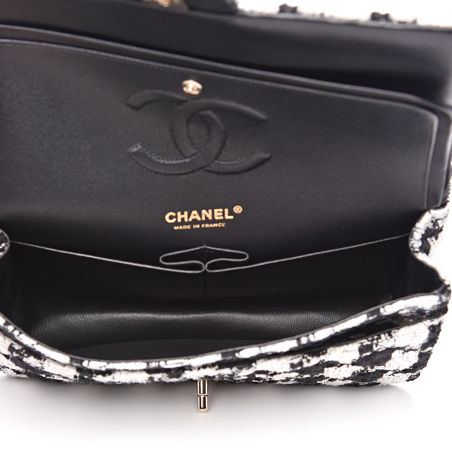 Chanel Tweed Quilted Medium Double Flap Black Ecru White 5 of 11