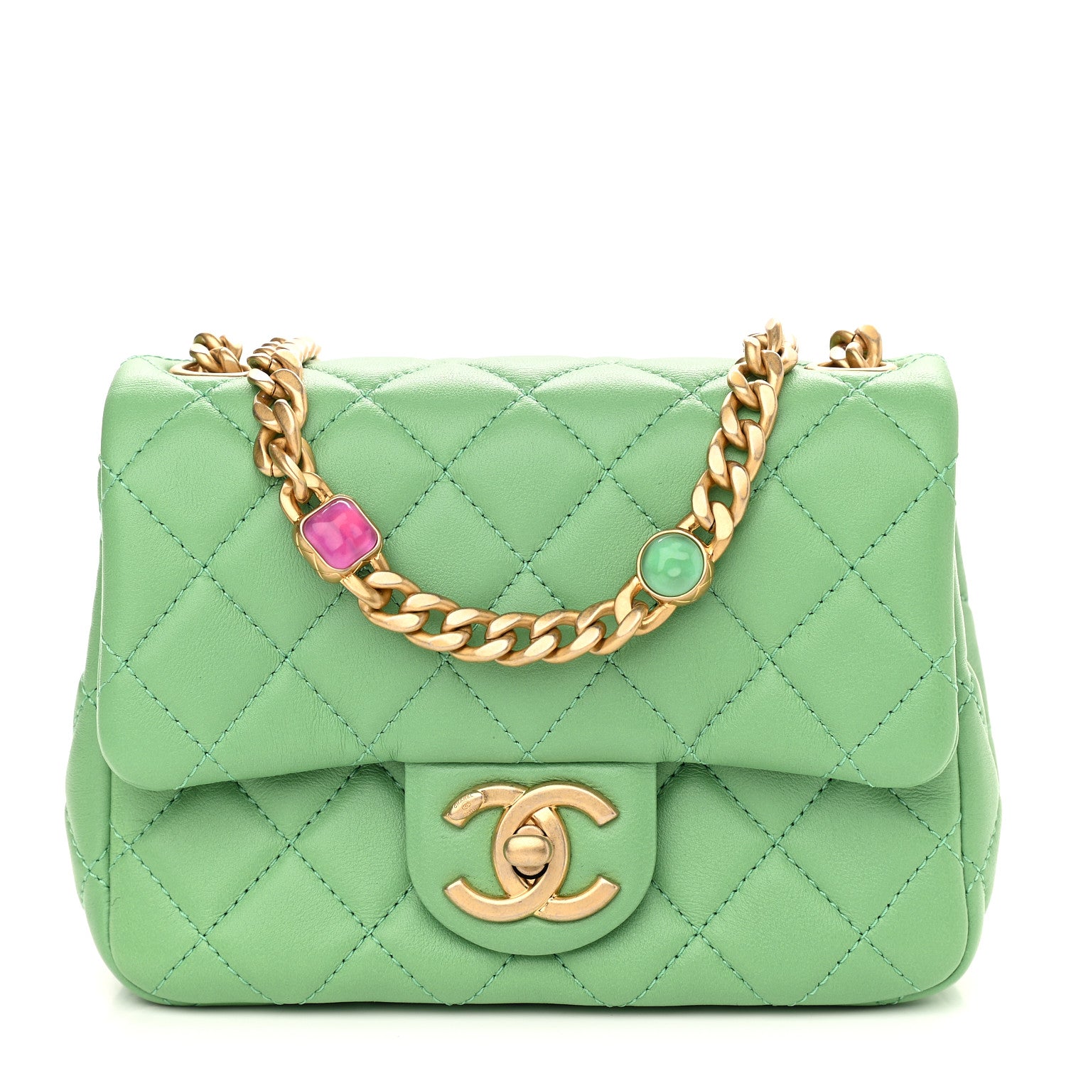 Chanel Lambskin Resin Quilted Mini Pearl Samba Square Flap Green 1 of 9