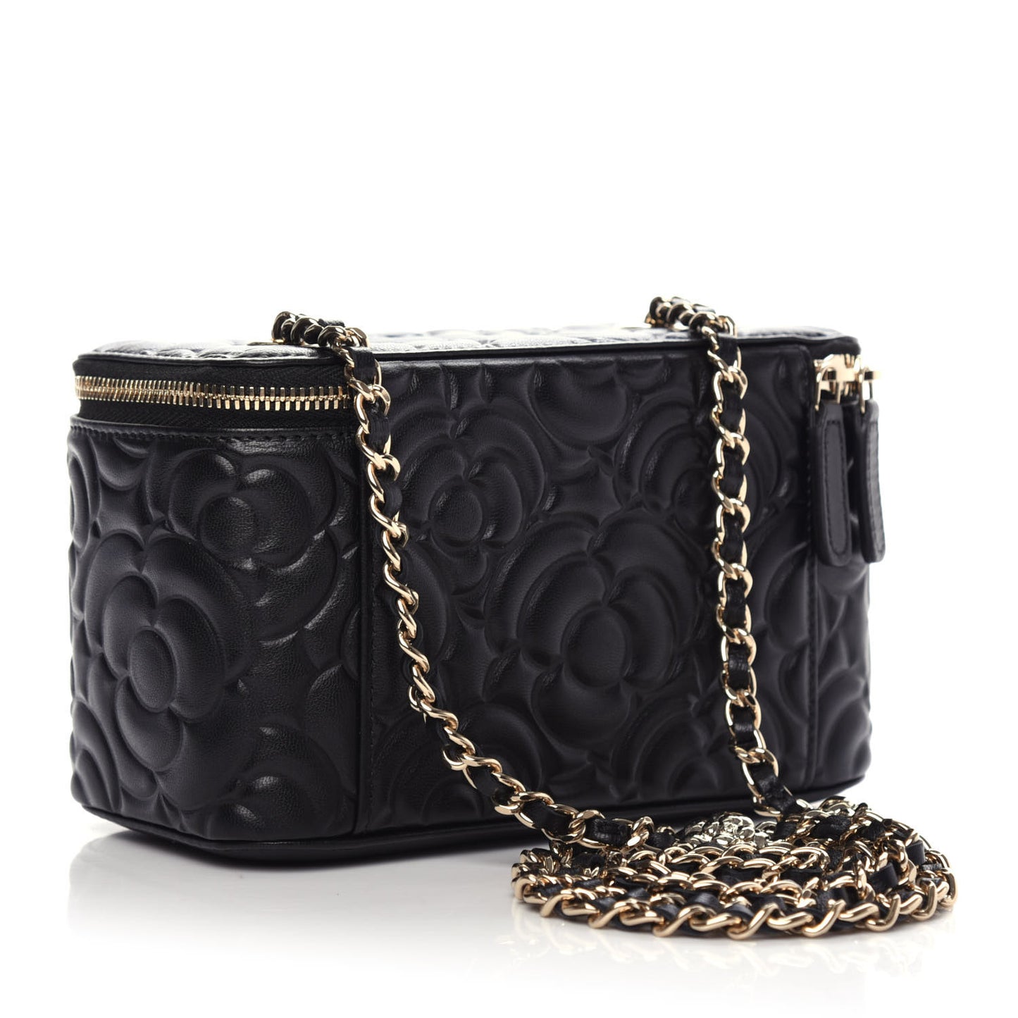 Goatskin Camellia Embossed Quilted Small Vanity Case With Chain Black