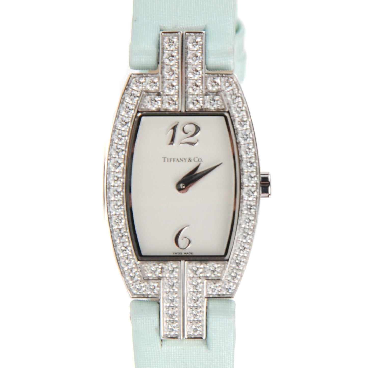 18K White Gold Satin Diamond Bezel 20mm Cocktail Quartz Watch Aqua
