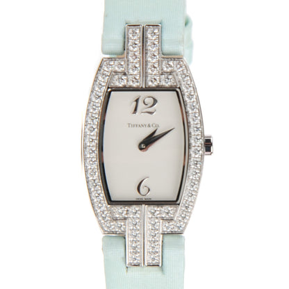 Tiffany 18K White Gold Satin Diamond Bezel 20mm Cocktail Quartz Watch Aqua 1 of 9