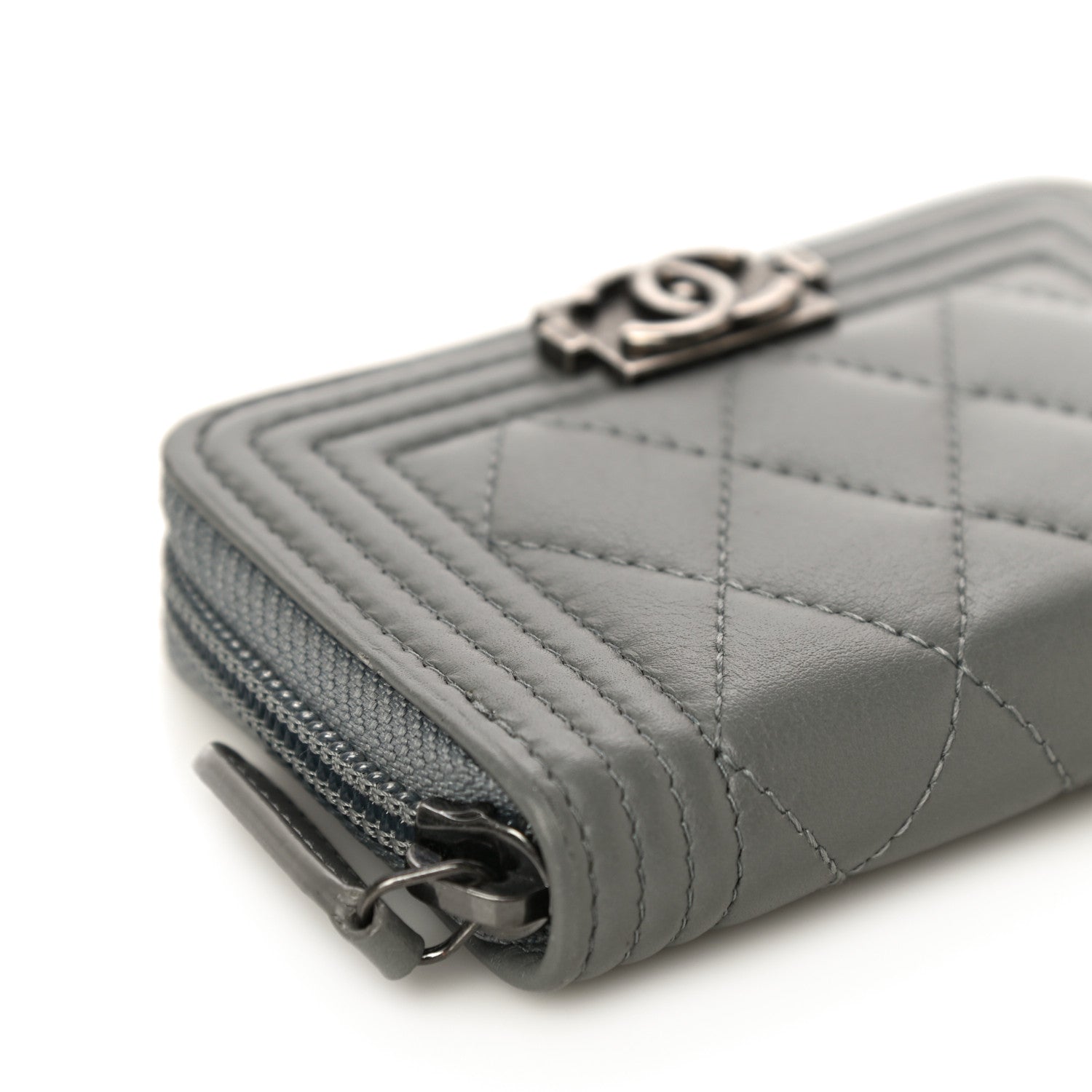 Chanel Lambskin Quilted Boy Zip Around Coin Purse Wallet Grey 9 of 14