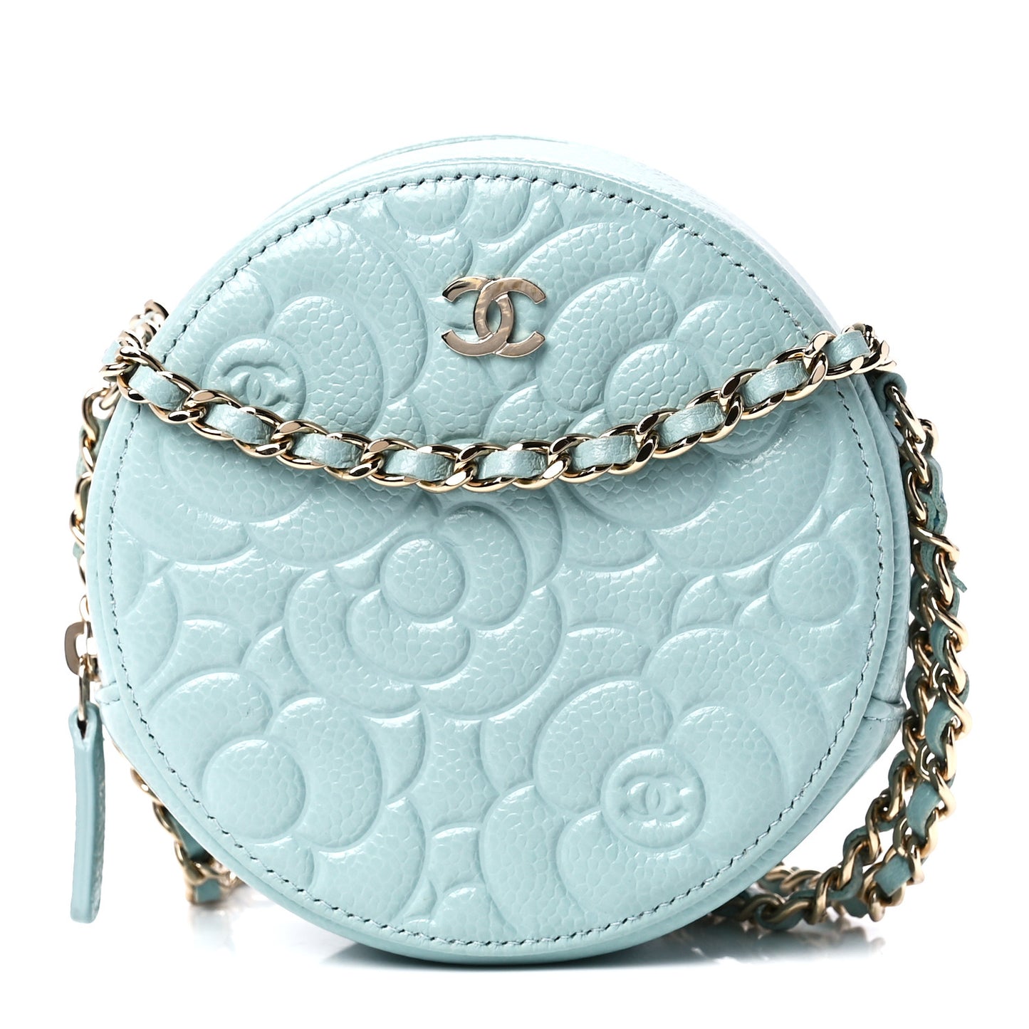 Caviar Camellia Embossed Round Clutch With Chain Light Blue