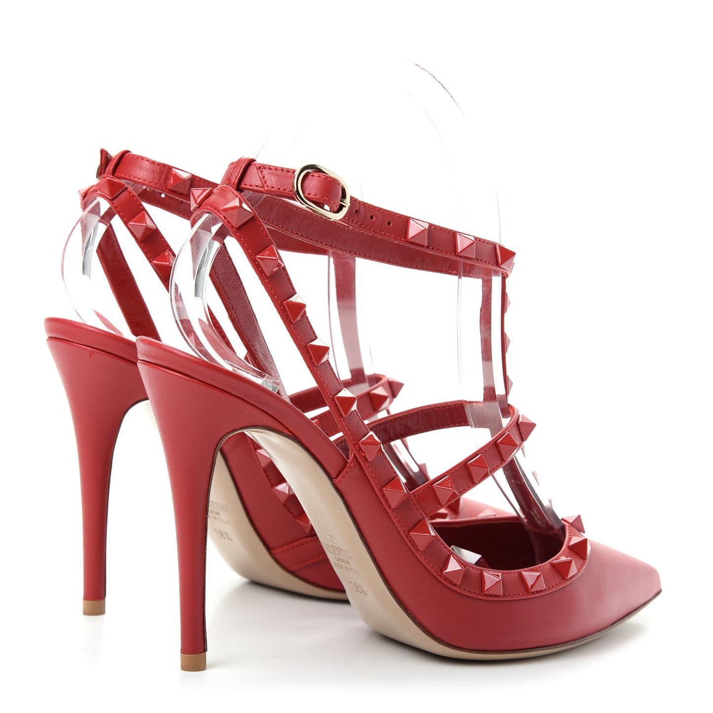Calfskin Lacquered Monochrome Rockstud Ankle Strap 100mm Pumps 38.5 Rosso Valentino