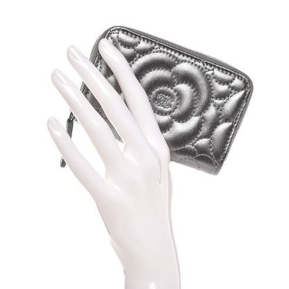 Chanel Metallic Lambskin Camellia Embossed Zip Coin Purse Grey 2 of 10