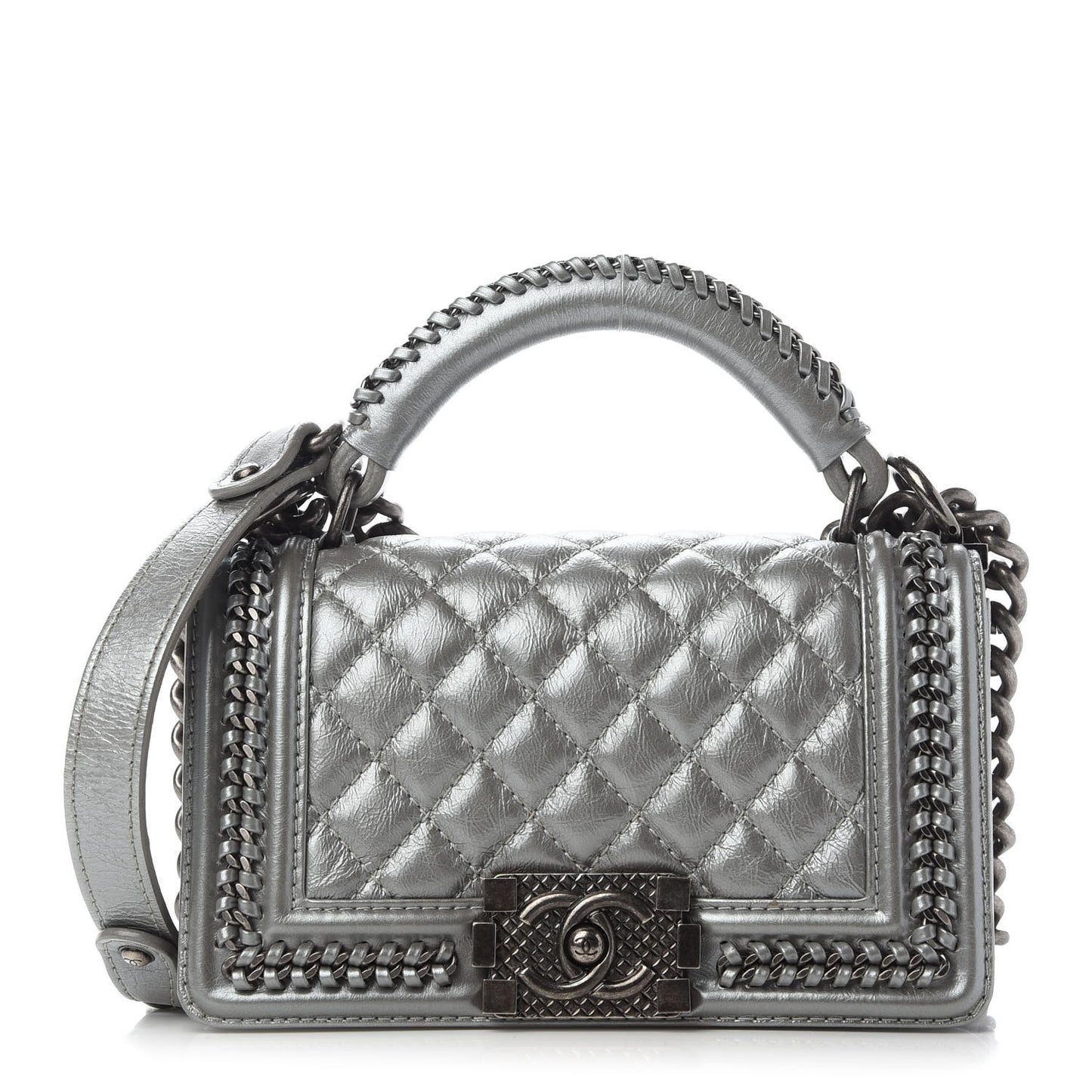 Metallic Aged Calfskin Quilted Small Boy Handle Flap Charcoal