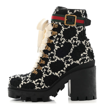 Gucci Tweed GG Monogram Lace Up Combat Ankle Boots 36 Black 1 of 11