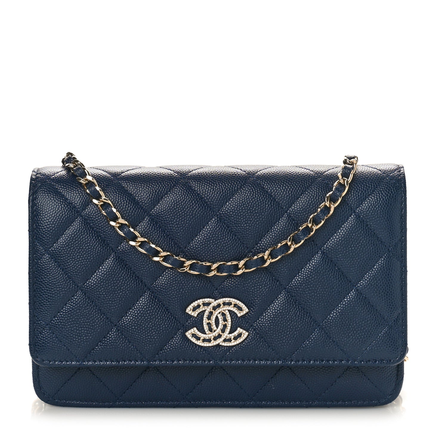 Caviar Quilted Crystal CC Wallet On Chain WOC Navy