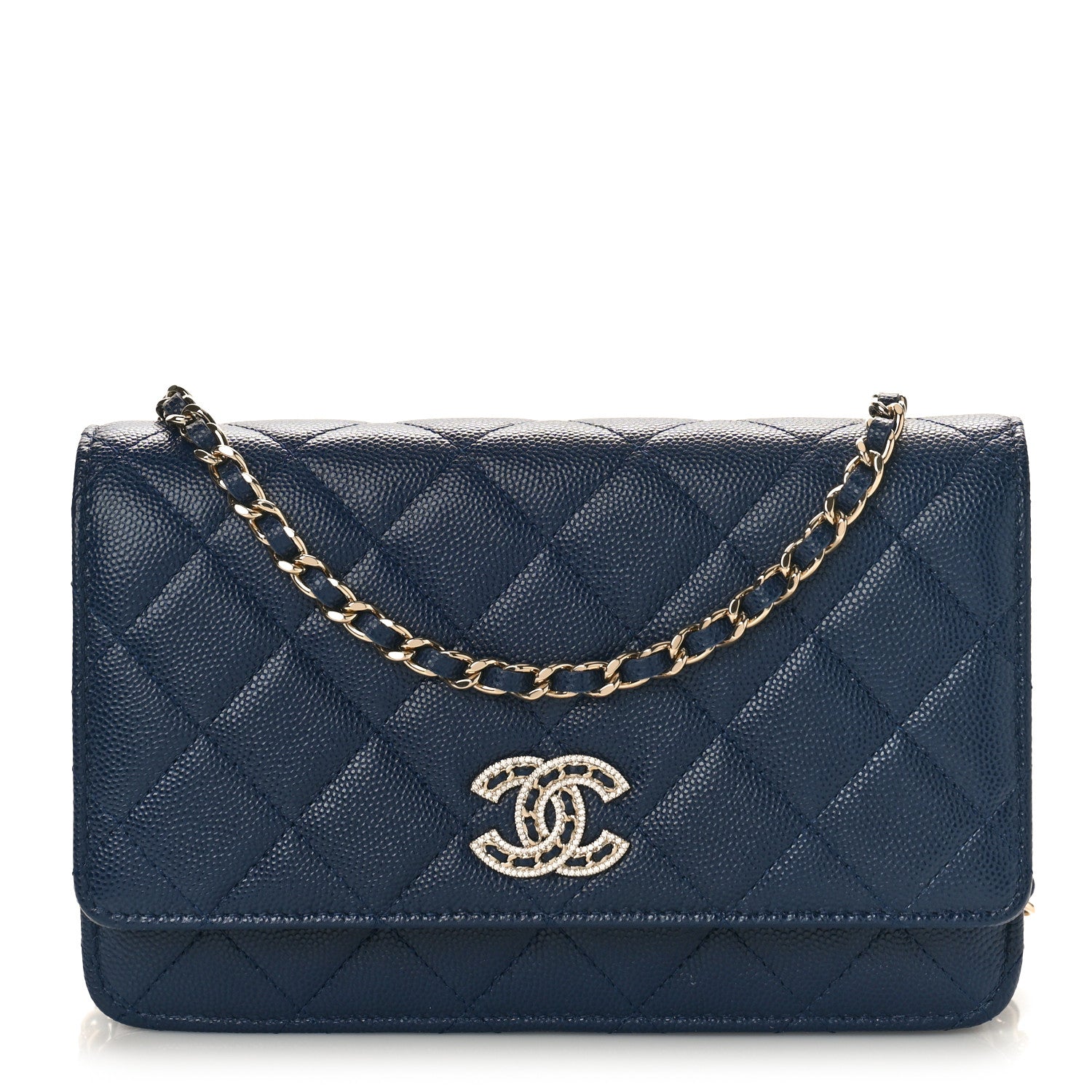 Chanel Caviar Quilted Crystal CC Wallet On Chain WOC Navy 1 of 9